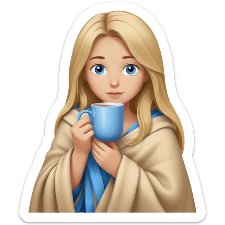 Dark blonde girl with long hair blue eyes snuggled up in a blanket and holding a hot tea in her hands Dark blonde girl with long hair snuggled up in a blanket and holding a hot tea in her hands sticker