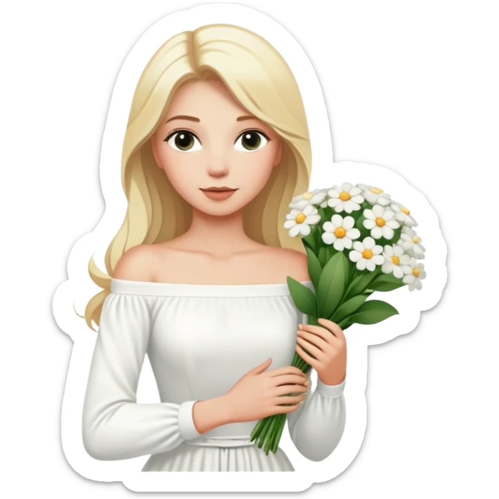 blonde woman in a white off-shoulder dress with long sleeves and a bouquet of white flowers in a white bag in her right hand sticker