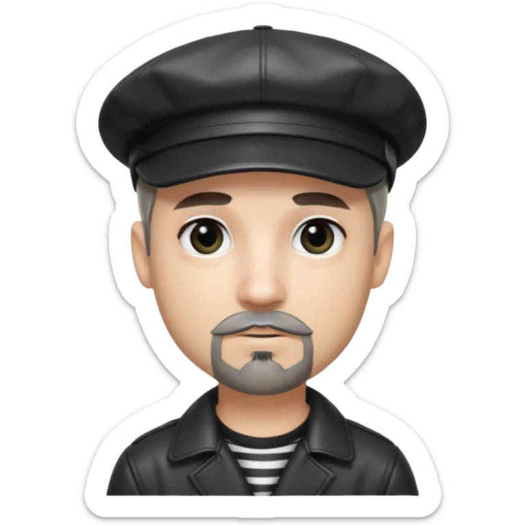 White Man with a dark grey goatee and a black shiny leather newsboy cap. He is wearing a black and white striped shirt. He is wearing heavy dark black eye makeup sticker