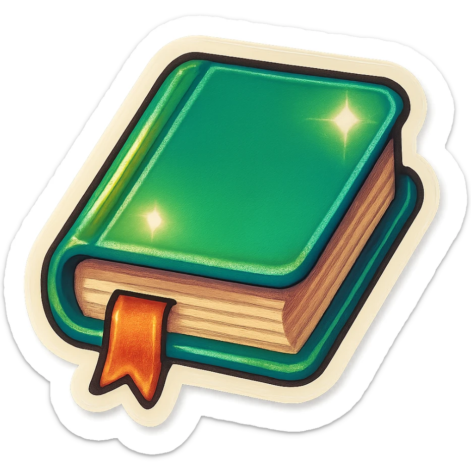 A green book with a bookmark in retro stickers style, with a vintage design and colorful details sticker