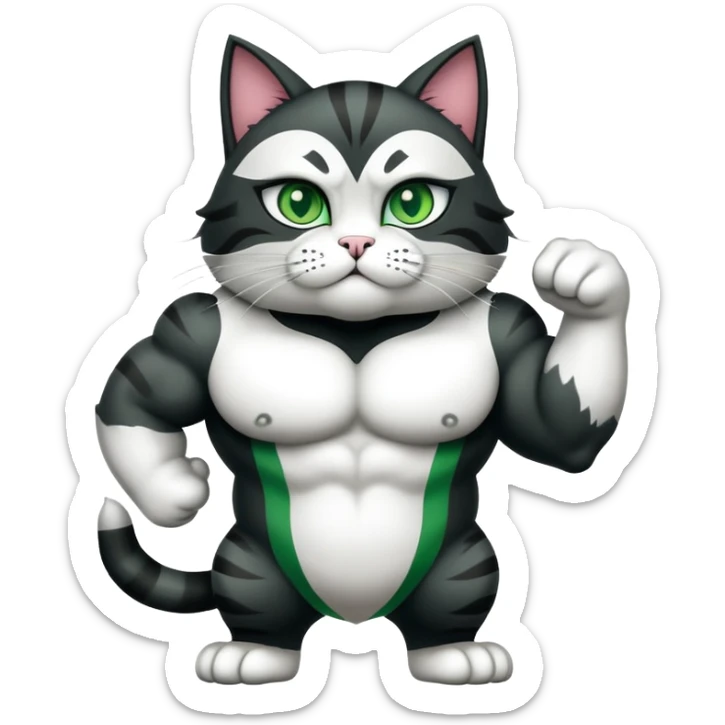 Jacked up Huge jumbo Super Duper Muscular Cat with a 10 pack full body black and white body and green eyes  sticker