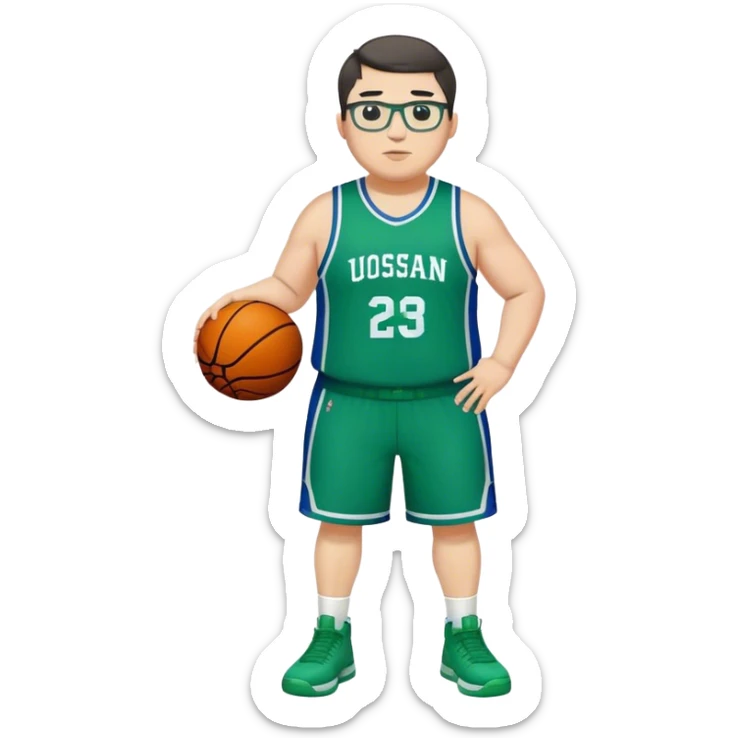 Full Body plus size white male with dark short hair basketball player wearing glasses wearing blue green uniform sticker