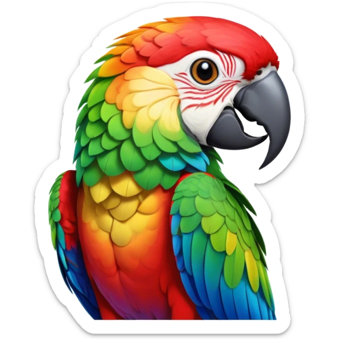 Cinematic Noble Macaw Portrait Emoji, Poised and regal, with vibrant, iridescent feathers in a spectrum of brilliant colors and sharp, intelligent eyes, Simplified yet sharp and sophisticated features, highly detailed, glowing with a soft, tropical radiance, high shine, majestic and graceful, stylized with an air of exotic elegance, focused and alert, soft glowing outline, capturing the essence of a watchful and confident avian guardian that seems ready to soar out of the screen with effortless authority! sticker