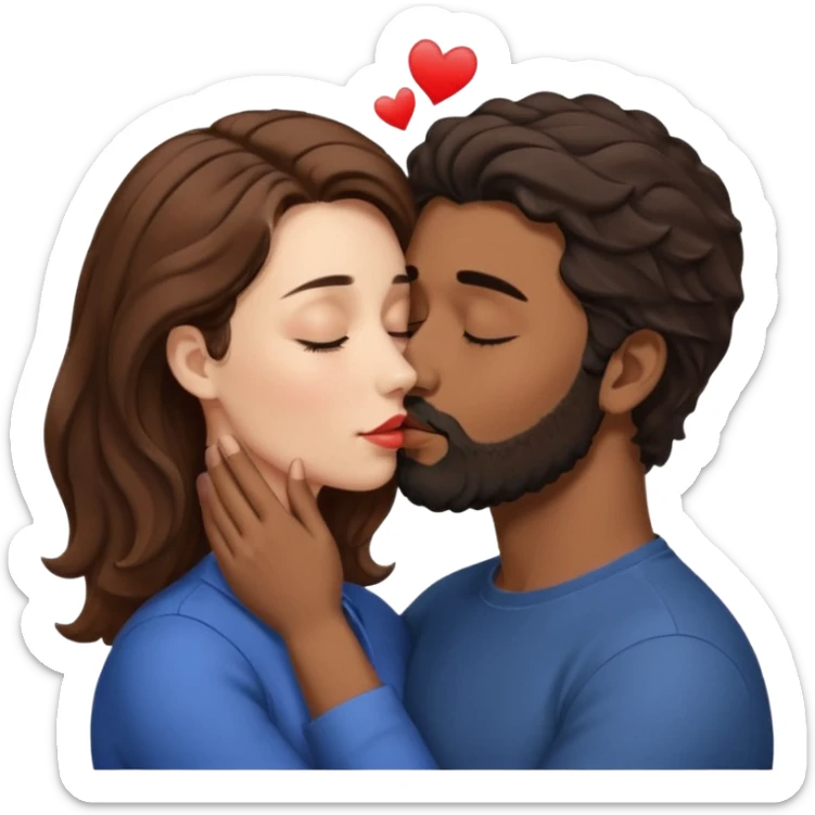 White woman (brown hair with eyes closed) kissing the top of the head (forehead) of brown man with black wavy hair (has a a beard with his eyes closed too). Woman has her lips to the forehead of the man, kissing him. sticker