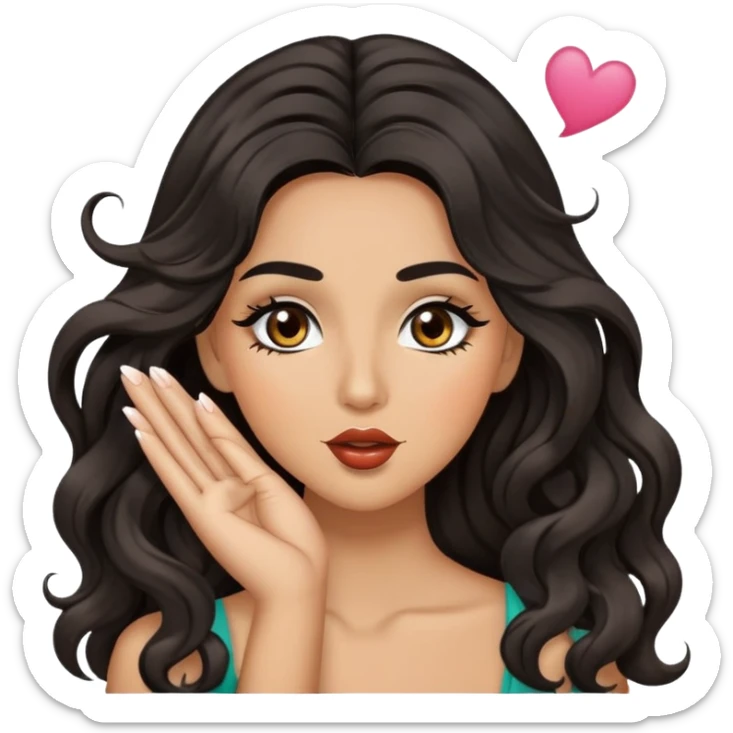 woman with olive skin, brown eyes and long lashes, and long black wavy hair blowing a kiss sticker