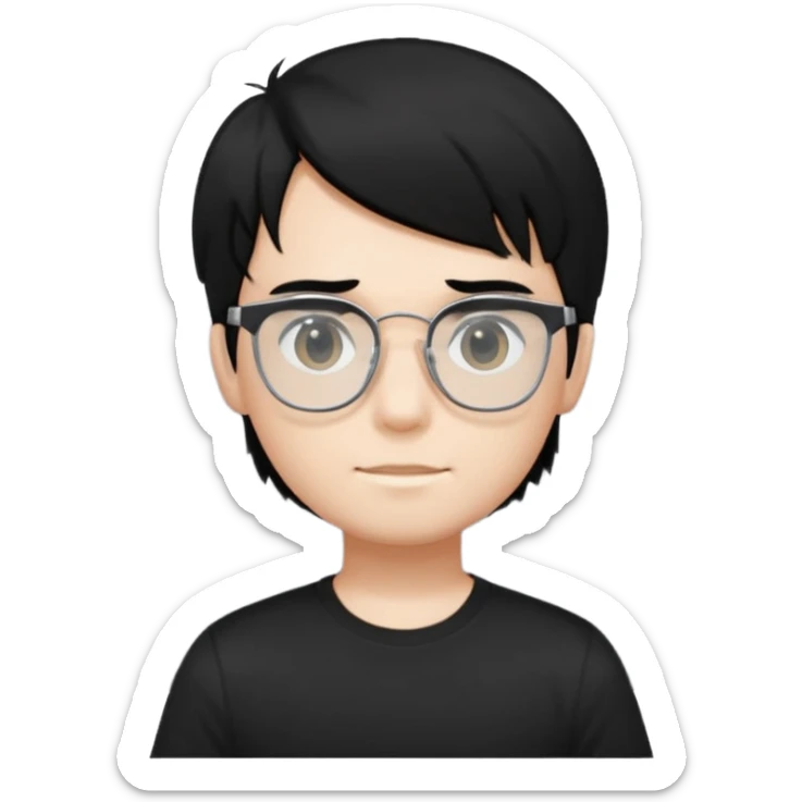 a boy wearing black t-shirts with the letters 'EDG', has fluffy short black hair and silver rectangular glasses sticker