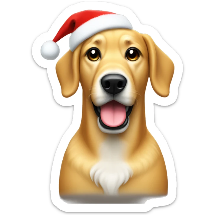 Large Golden dog with skinny snout and black mouth in a Christmas Sweater and hat sticker