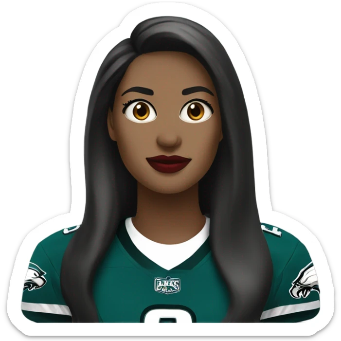 White female long dark hair red lips wearing Philadelphia Eagles jersey sticker