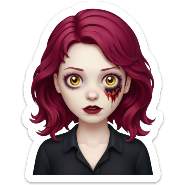 Faça me um emoji de um zumbi mulher de cabelos vermelho borgonha ondulado usando uma blusa preta sticker