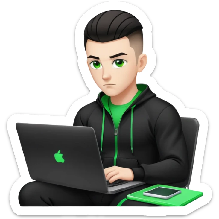 white male with dark hair, wearing a black MMA tracksuit, high fade haircut, slick back hairstyle, green eyes, green aura, coding on black laptop sticker