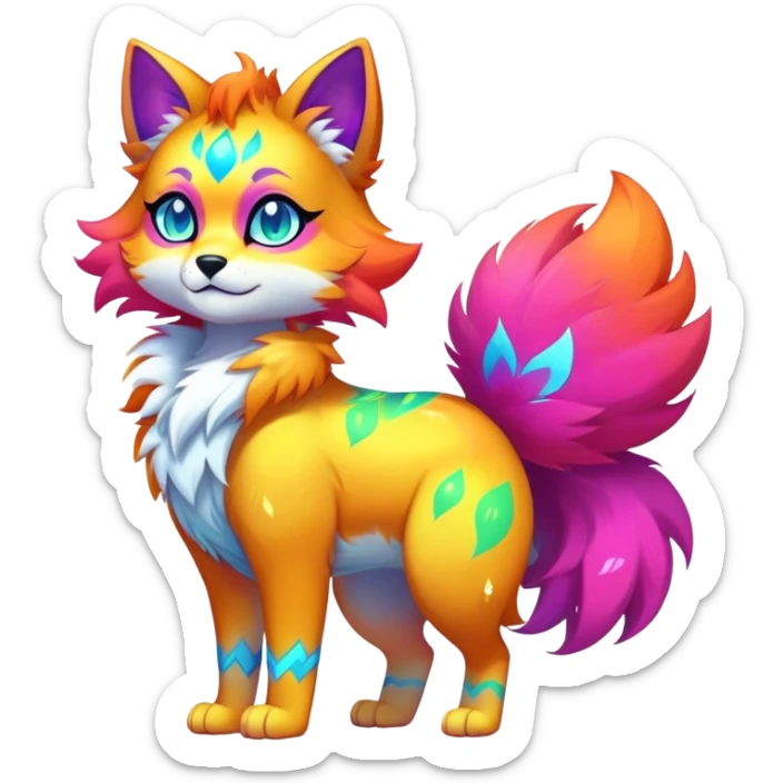 Vibrant multicolored neon-colored Falvie-Fionbri-creature-sparkle-feline-canine-hybrid-fursona, full body sticker