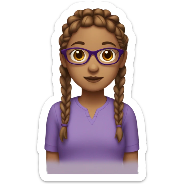 Girl with 2 brown french braids, brown eyes, glasses, and a purple shirt sticker