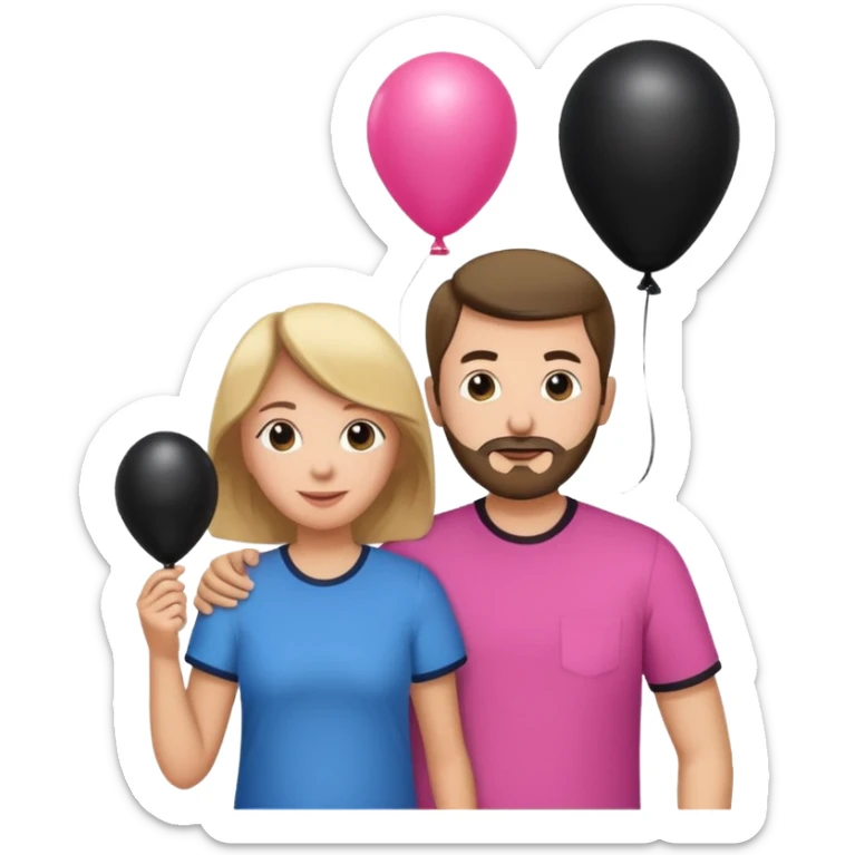 Mom in pink shirt dad in blue shirt holding black baloon happy 1 baloon sticker