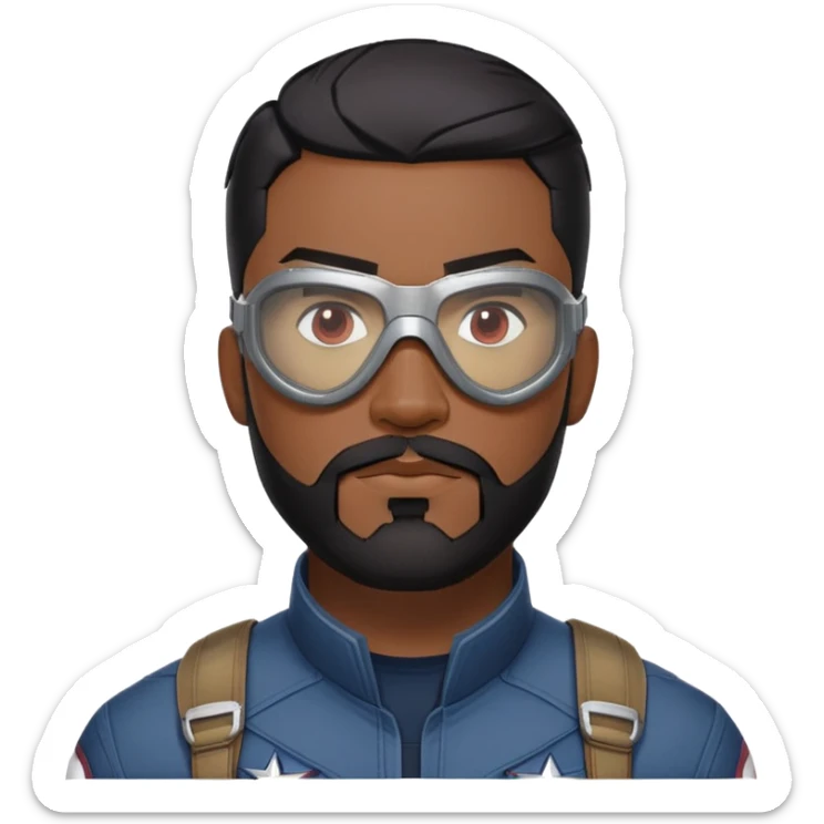 sam wilson have a short, neatly cropped black hair. It is evenly trimmed and close to the scalp, maintaining a clean and military-inspired and  a well-groomed beard that connects to his mustache,  wear sleek, red-tinted tactical goggles fit snugly from captain america: civil war sticker