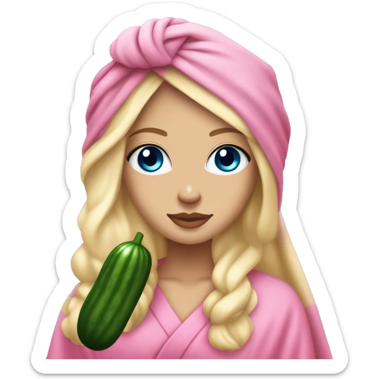 White girl with long blonde hair and blue eyes and pink lips with a spa towel on her head and a robe on with cucumbers on her eyes sticker