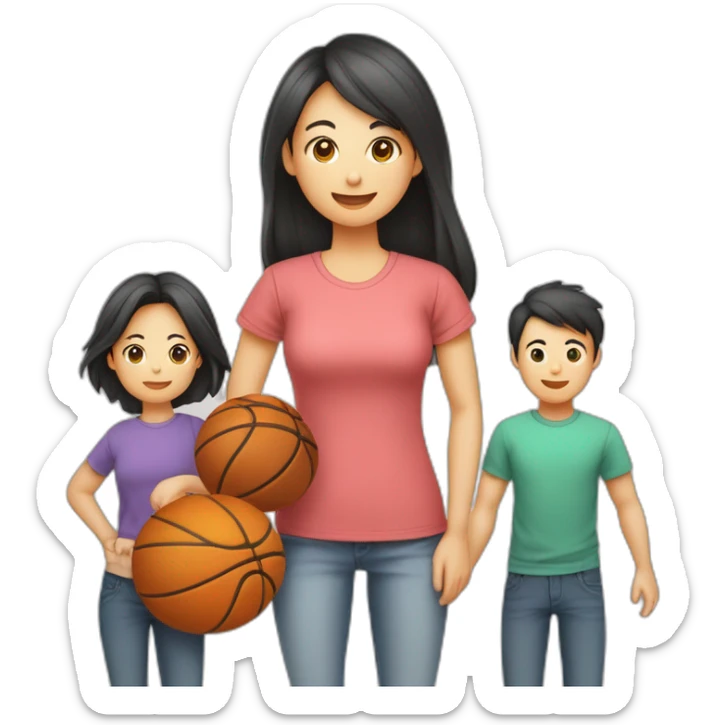Famille 4 personne 1 fils aîné avec un t-shirt de basketfille cadette au cheveux long 1 père asiatique 1 mère sticker
