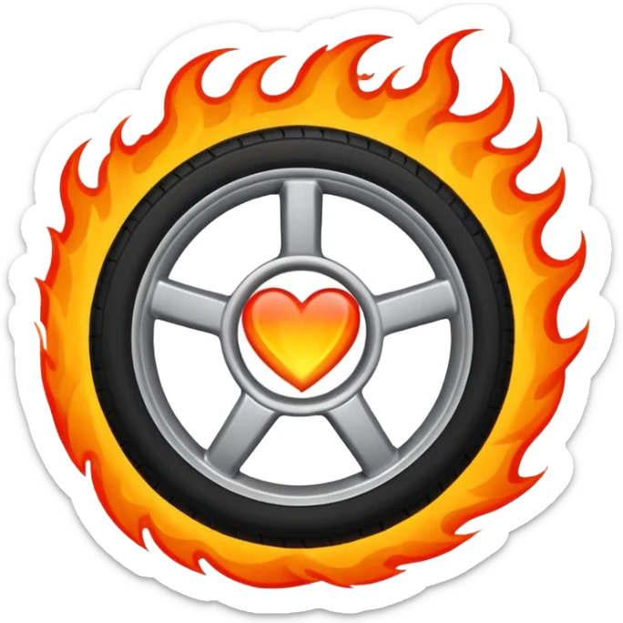 a car wheel on fire, and in the center of the wheel (instead of the car icon) there is a red flaming heart sticker