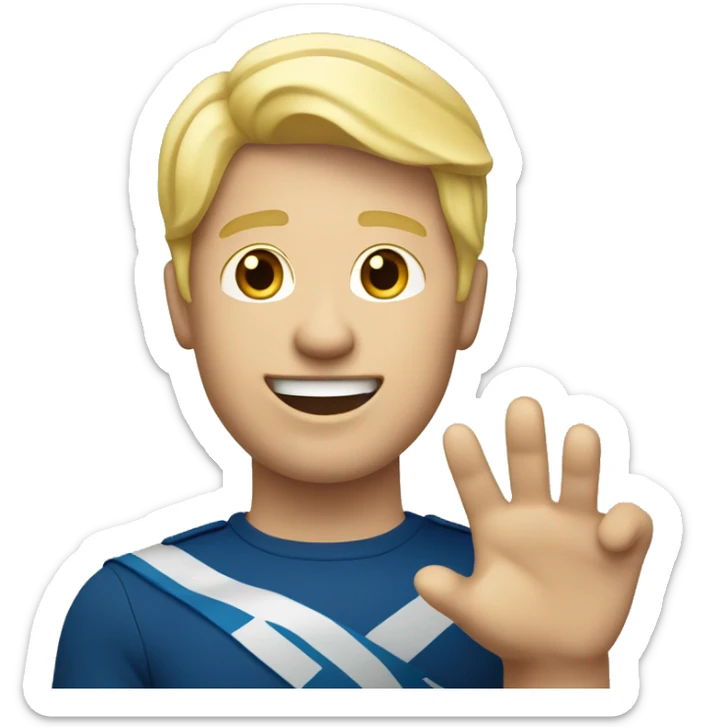 Male with blonde hair waving hand to say hello with a Scotland sticker