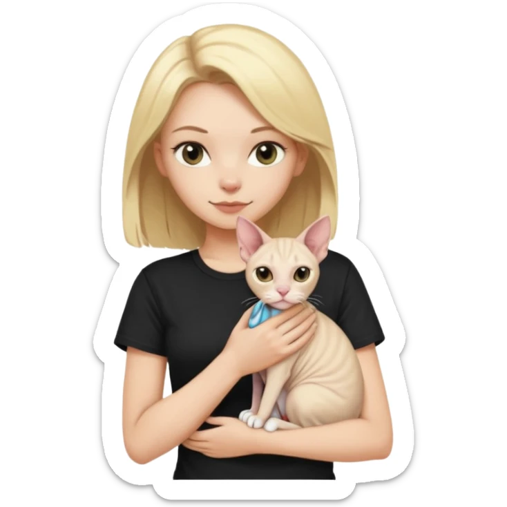 A white girl with blonde hair black T-shirt is holding a white Sphynx cat in her arms sticker