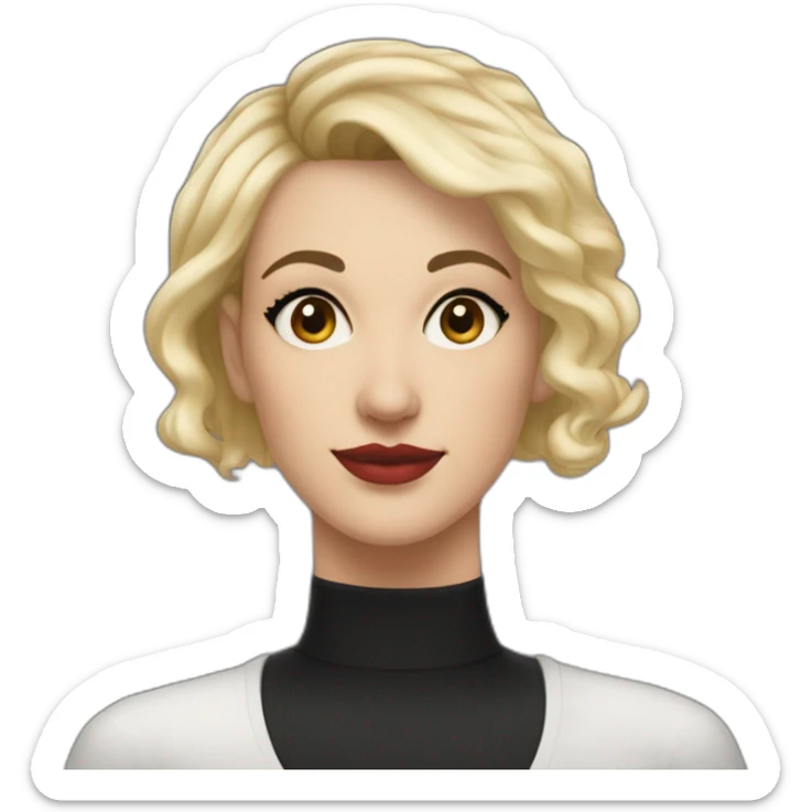 white woman in her forties hazel eyes black shaved hair on one side blond very short hair on other side upturned nose black tanker tattoo on the shoulders sticker