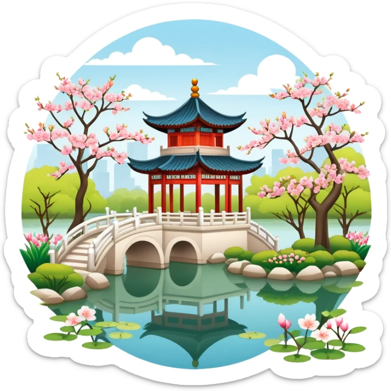 Suzhou garden with spring blossoms and pavilion by pond, simplified emoji style with bold outlines and bright colors, cartoon style traditional Chinese garden sticker