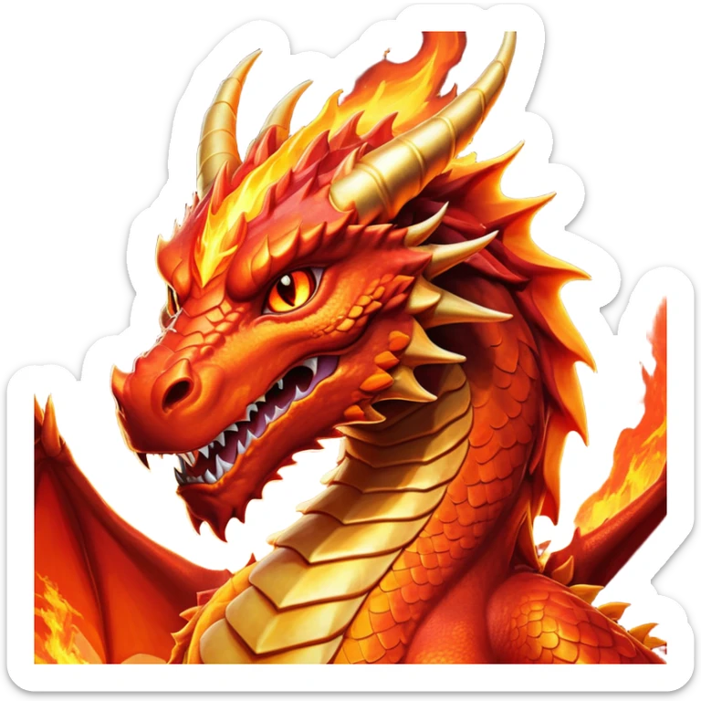 cinematic-noble-fierce-fire-dragon-portrait-emoji,-poised-and-imposing,-with-a-muscular,-scaled-body-ablaze-in-fiery-hues-of-crimson,-molten-orange,-and-molten-gold,-and-intense,-burning-eyes-that-mirror-the-heart-of-a-volcano;-rendered in detail sticker