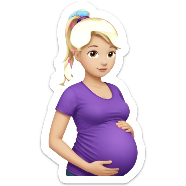 pregnant woman with purple shirt. Blond hair, light skin, pony tail. Only show abdomen neck and head. sticker