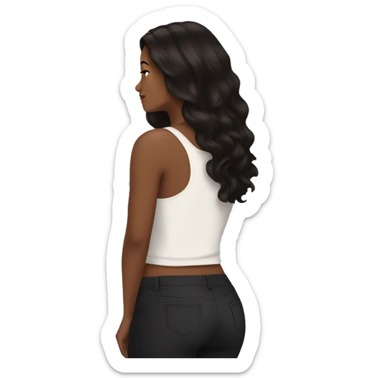 back side of a brown women, with black hair, a white crop top, wavy long hair sticker