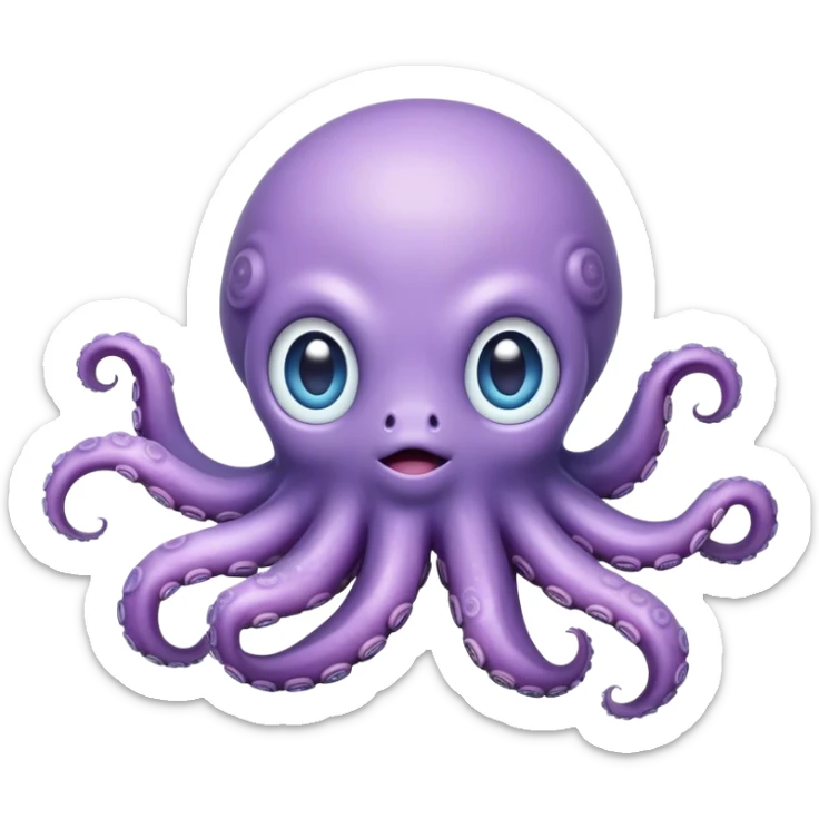 Meme-Worthy Floating Baby Octopus Portrait Emoji, Drifting gracefully in the water with soft, curled tentacles and a dreamy, weightless posture, showcasing a smooth, rounded light blue-purple body with mesmerizingly large, gentle eyes gazing into the abyss, Simplified yet poetically expressive features, highly detailed, glowing with a soft, celestial marine glow, high shine, quiet and mystical, stylized with an air of deep-sea serenity, soft glowing outline, capturing the essence of a tiny, peaceful cephalopod floating endlessly in the infinite beauty of the ocean depths! sticker