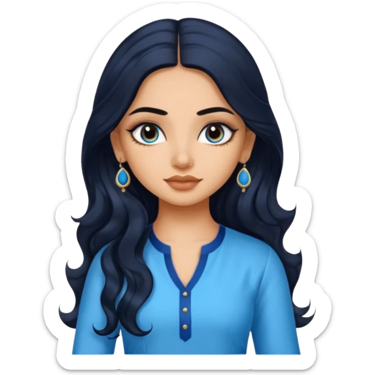 a pretty indian bratz girl with wavy long black hair. wearing a blue kurti, eyeliner on, indian auto behind her sticker