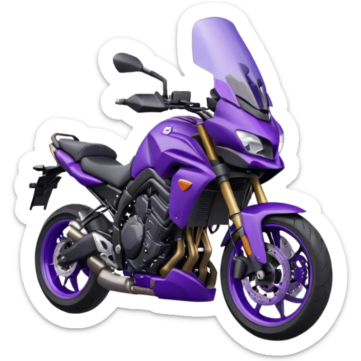 Créer un emoji avec une moto mt07 sport noir mate / violet iridescent très foncé, pare-brise de la moto violet. Avec une pilote dessus visière violet sombre visage caché . Avec fond arrière violet en arrière plan. sticker