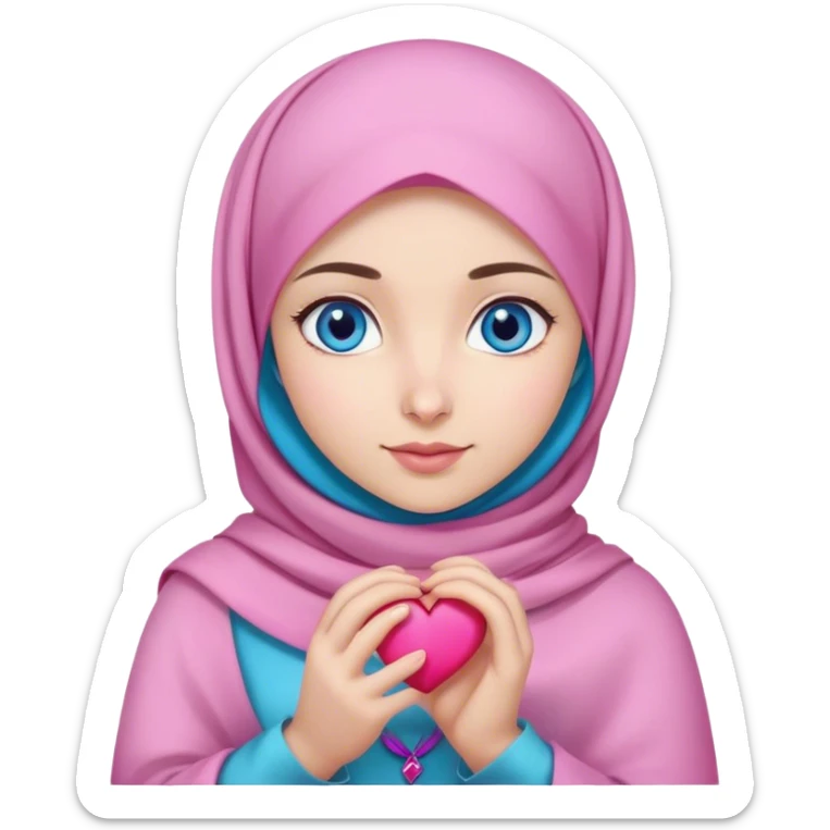 Turkish beautiful finish Konya girl blue eyes with pink lila magnolia hijab and hold heart in her hand  sticker