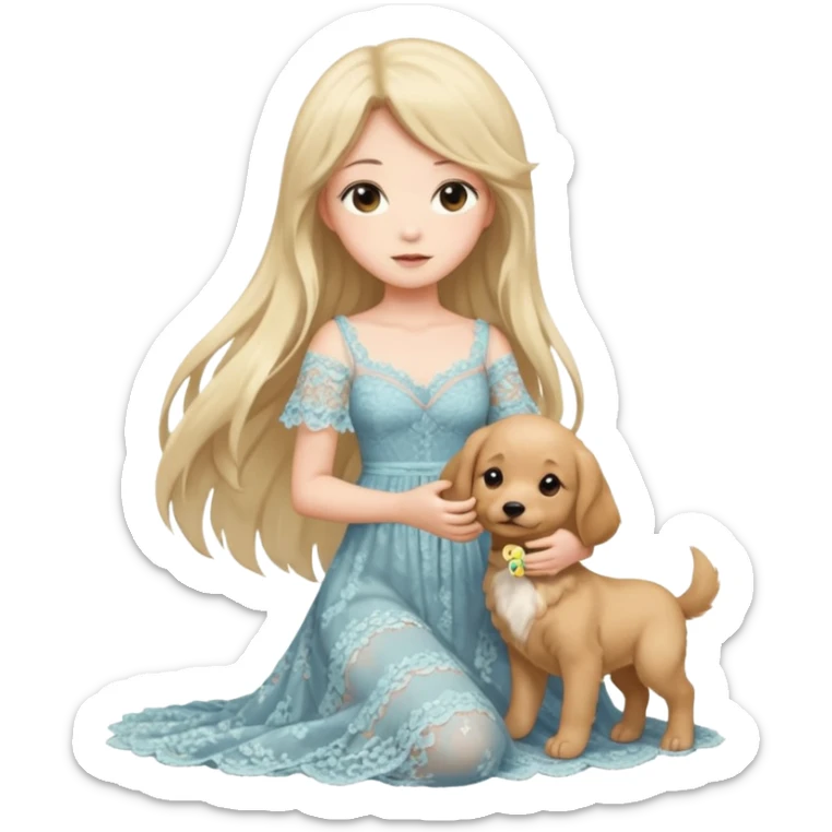 Pastel anime lady long hair with long lace dress full body holding puppy sticker