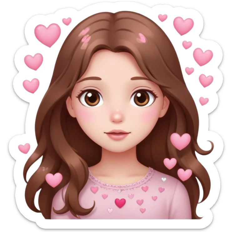 Girl with long brown hair blushing with sparkly eyes and little hearts floating around cartoon style cute delicate pale pink sticker