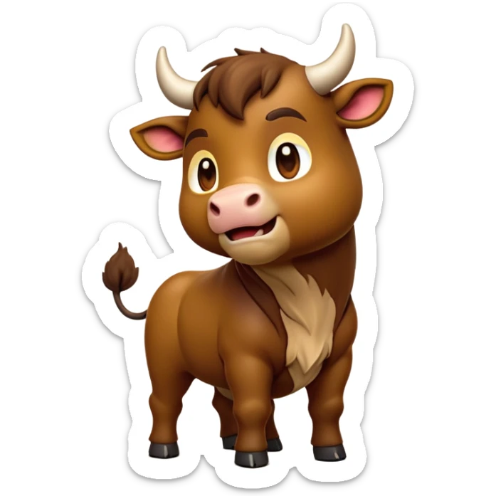 cinematic-[brown bull]-realistic-full-body-standing-emoji,-tail-flicking-lazily,-head-tilted-dramatically,-sleek-[brown]-fur,-simplified-yet-realistic-focused-features,-highly-detailed,-glowing-with-an-almost-sarcastic-glow sticker