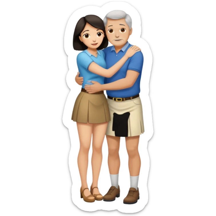 older man with dark hair on knees, facing dark haired, middle aged woman in a micro mini skirt, hugging her waist sticker