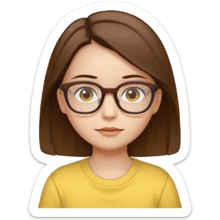 female with white skin. Shoulder length straight brown hair. Brown eyes with glasses. Female wearing baby yellow shirt. sticker