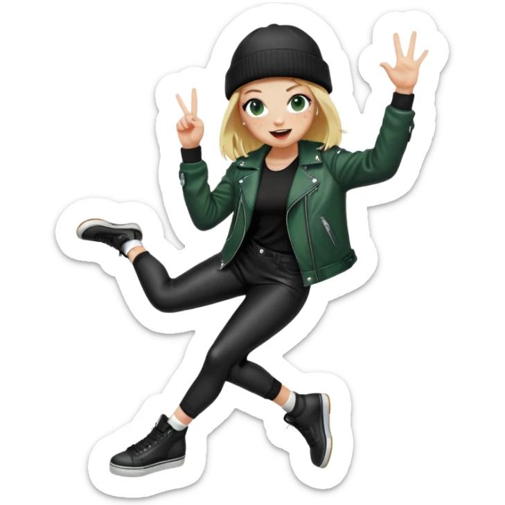 iPhone emoji style girl, blonde hair, black beanie, dark green eyes, freckles, winking, tongue out. Wearing black leather jacket, black leggings, big boobs, long white socks. Right hand doing "OK" sign. Full body, playful skater vibe, transparent background. sticker