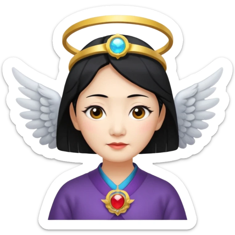 Angel Old Lady with wings black hair asian  smaller eyes w halo sticker
