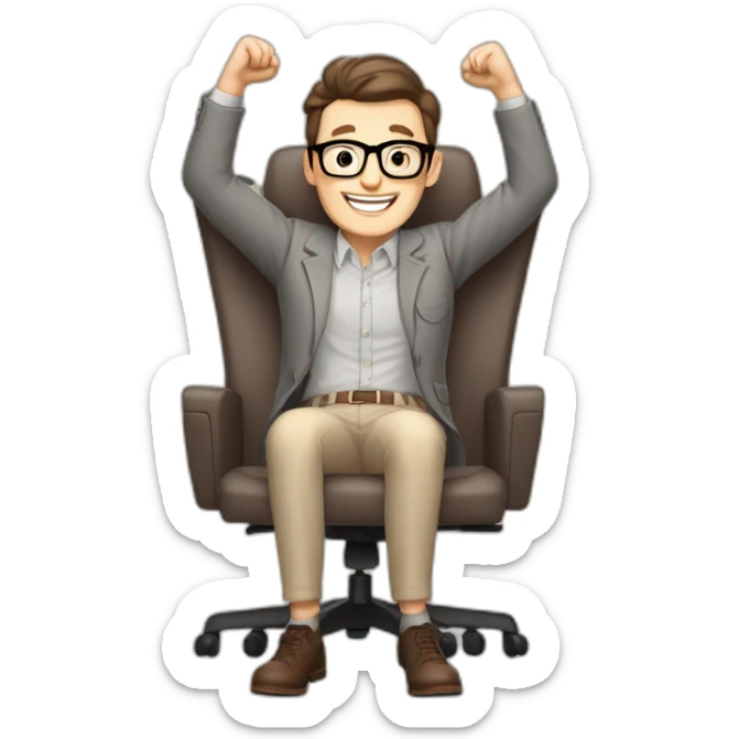 Joyful Celebrating victory Hands up Pale skinned Fit Man With dark brown hair in gray jacket, beige office shirt, Brown pants and vintage glasses sitting In a soft chair sticker