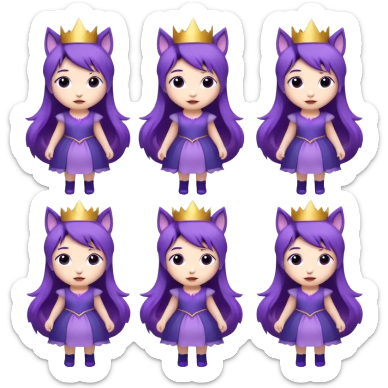 A collection of twelve chibi-style illustrations of a cute princess wearing a purple dress and crown with purple hair and purple wolf ears and purple wolf tail character. Each square shows the character expressing a different emotion against a white background And make a gap between each illusion sticker