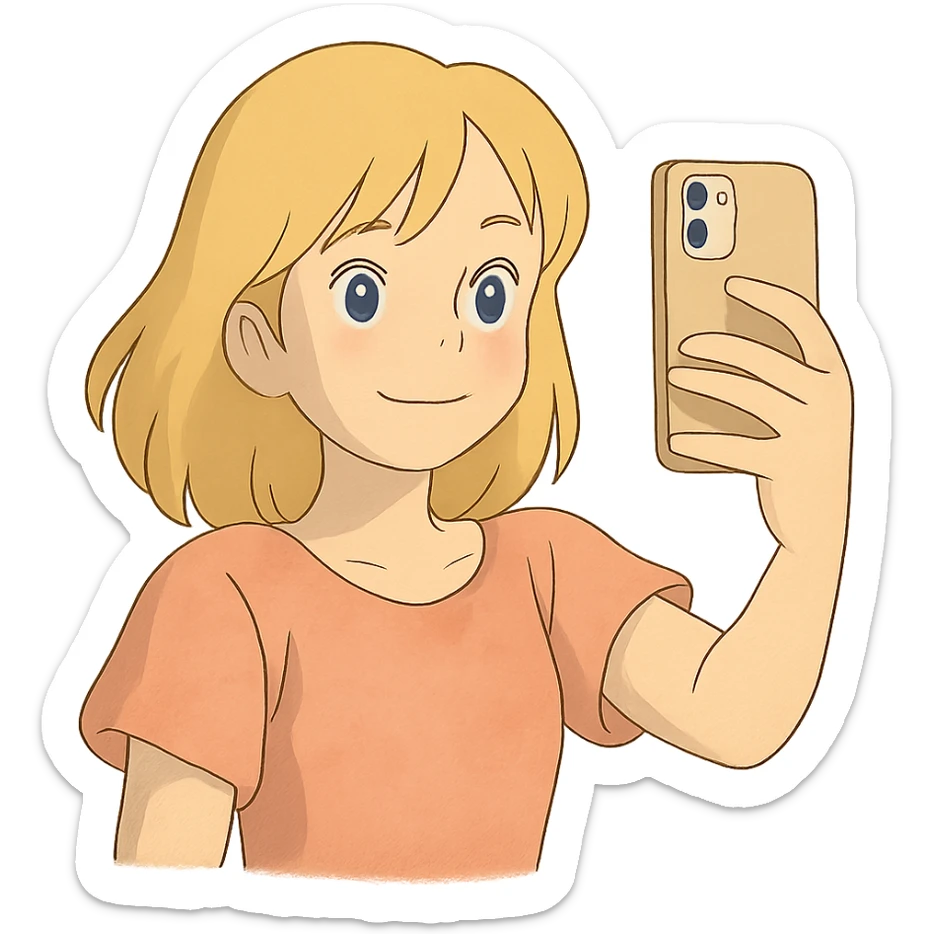 ghibli style illustration of a blonde girl taking a selfie with soft colors sticker