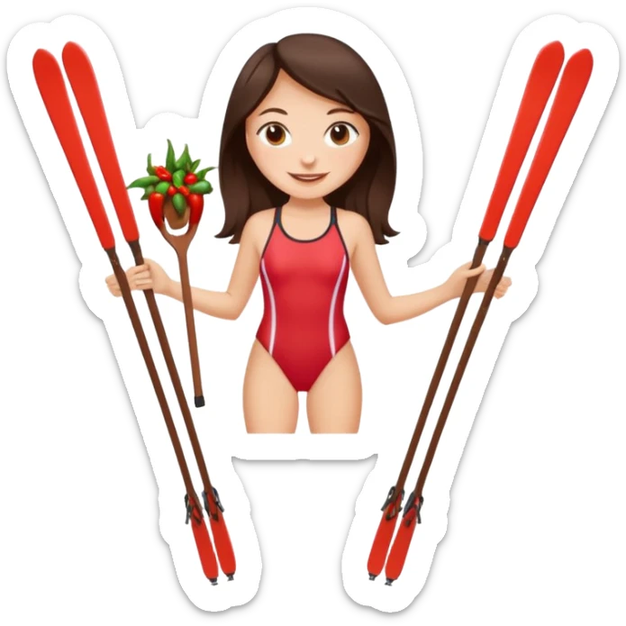 langrennski i ene hånden og en chili i den andre, bading, brunette, jente, chili, glad, baddrakt sticker