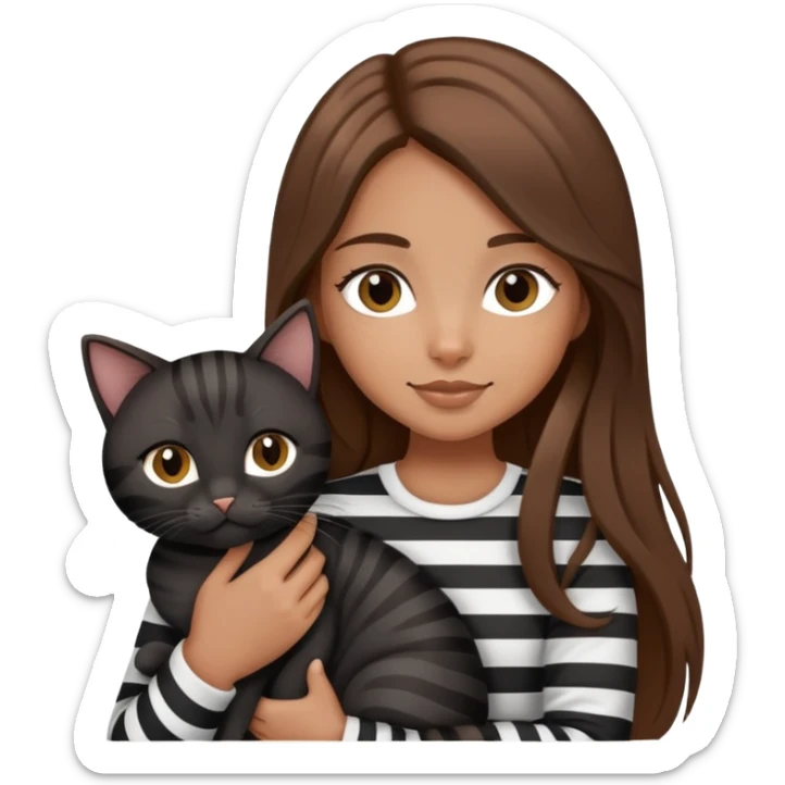 tan girl with long brown hair holding two cats, one black cat and one grey-striped cat sticker
