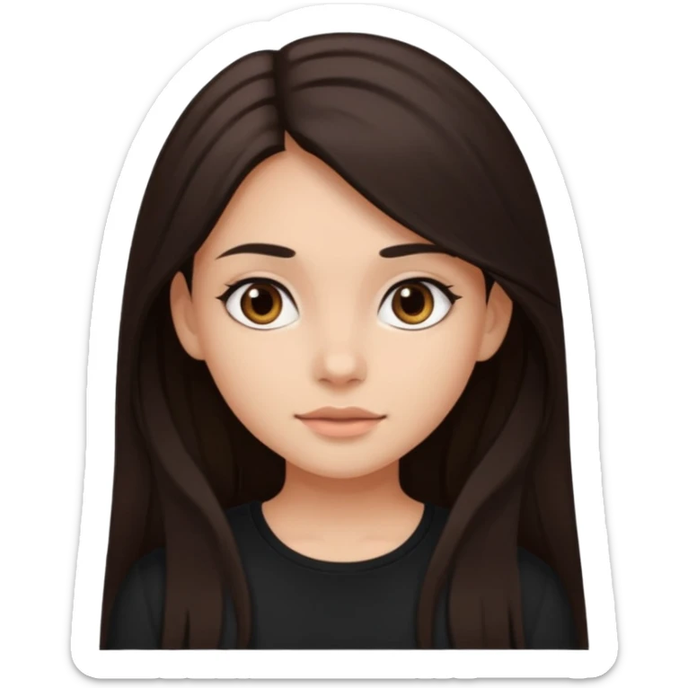 Make an emoji of a girl with dark brown long hair and dark brown eyes wearing a black top sticker