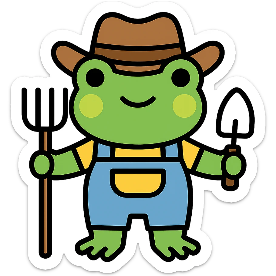 color outline icon of a frog in cowboy hat and overalls, holding gardening tools sticker