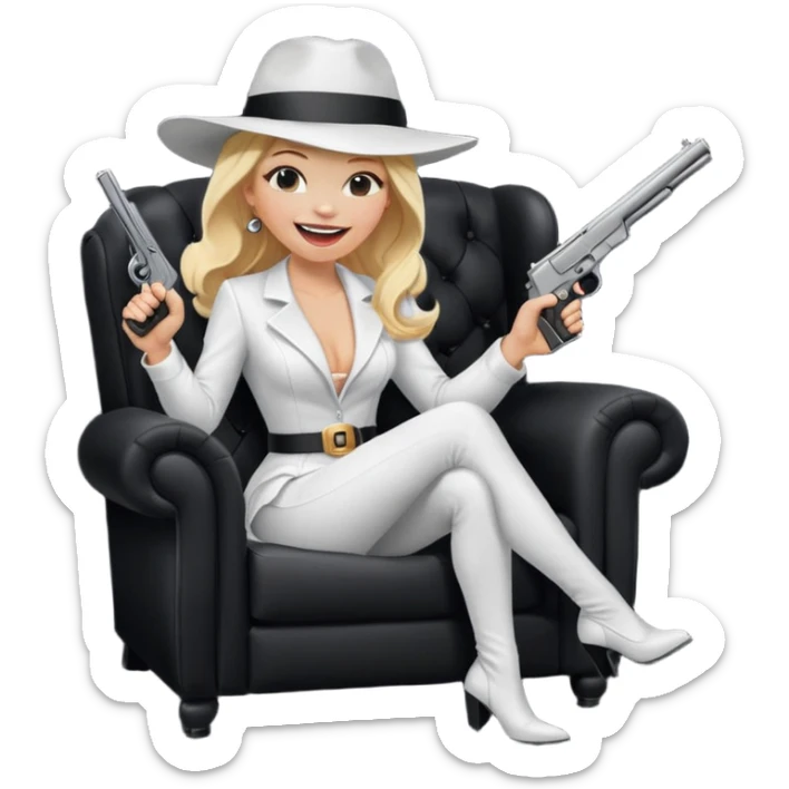 Mafia blondes Laughter lol woman in hat , gun ,black armchair , white costume  sticker