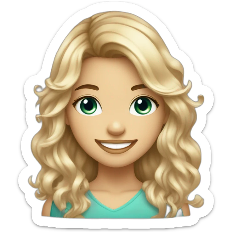 girl smiling with brown to blonde ombre wavy hair with bangs and greenish blue eyes wearing rhinestones next to eyes saying hi sticker