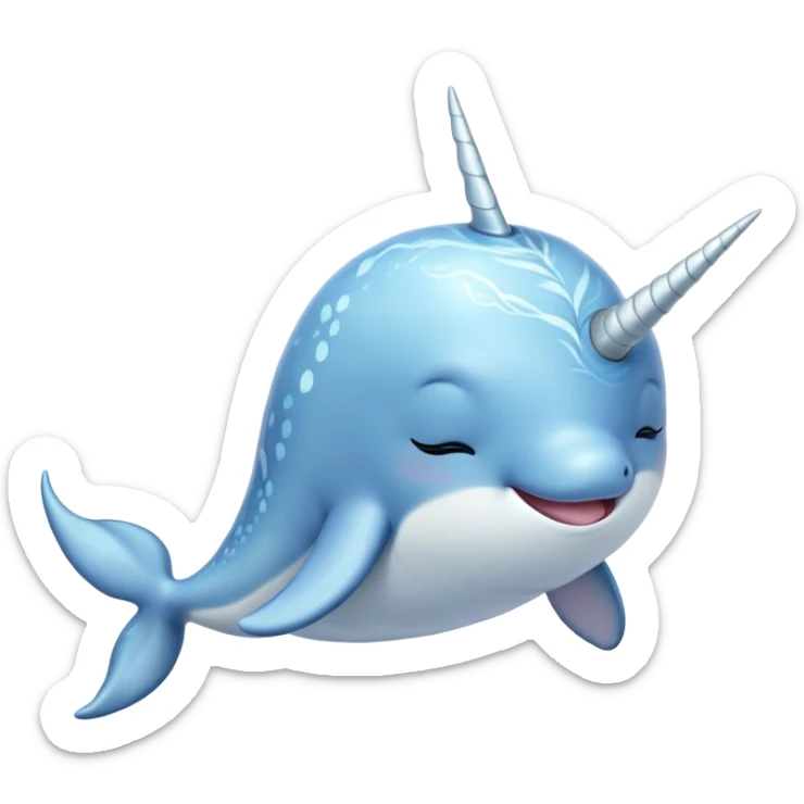 Beautiful and Majestic Cute Narwhal Portrait Emoji, Head and body rendered in serene repose with a gentle, radiant smile, showcasing a streamlined, graceful form adorned with a luminous spiraled tusk and peacefully closed eyes, Simplified yet exquisitely endearing features, highly detailed, glowing with a soft, majestic ocean light, high shine, serene and utterly enchanting, stylized with an air of magical marine splendor, soft glowing outline, capturing the essence of a beautiful and majestic cute narwhal that embodies the quiet wonder of the deep blue! sticker