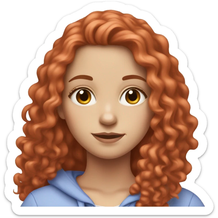 a white girl with long red curly hair, wearing a pastel periwinkle hoodie doing a pose sticker